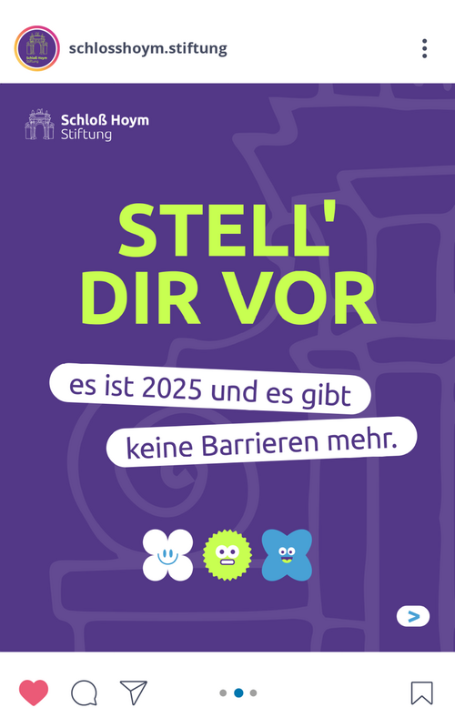 Grafik mit lila Hintergrund und der Aufschrift STELL DIR VOR, es ist 2025 und es gibt keine Barrieren mehr