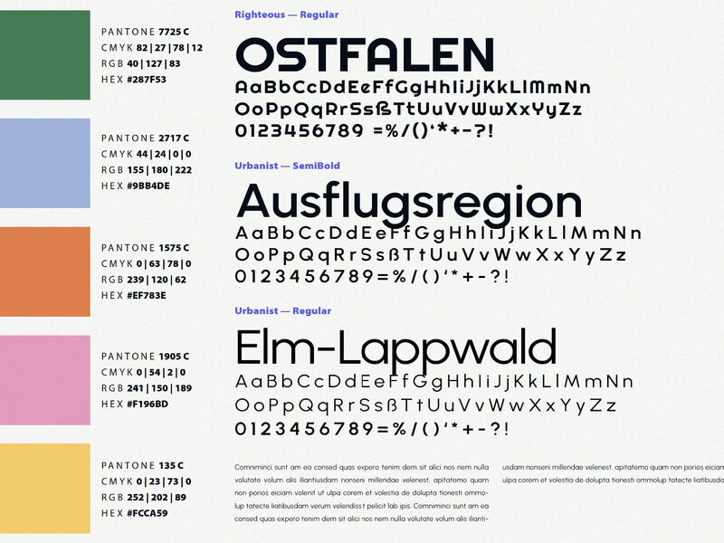 Farbpaletten mit Pantone-Werten und Schriftbeispiele für OSTFALEN, Ausflugsregion und Elm-Lappwald