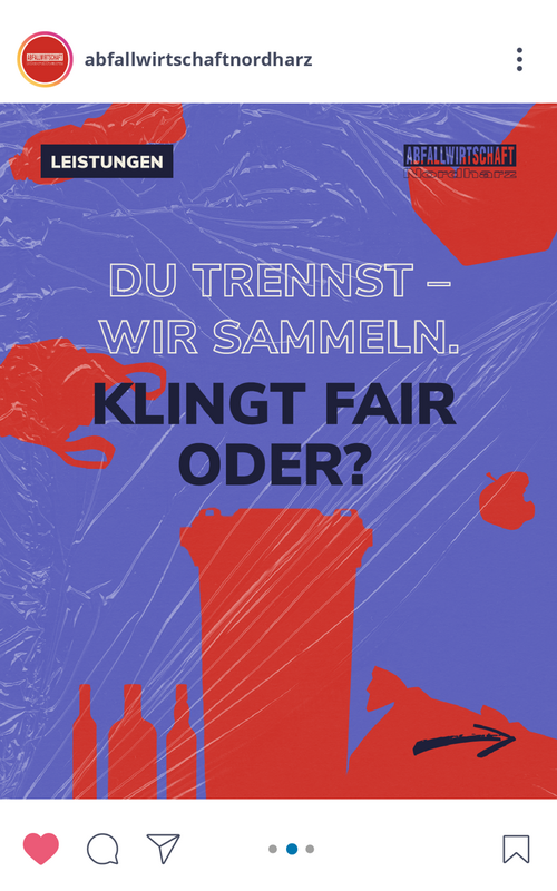 Grafik mit der Aufschrift 'DU TRENNST - WIR SAMMELN. KLINGT FAIR ODER?' und Icons von Flaschen, Mülltonne
