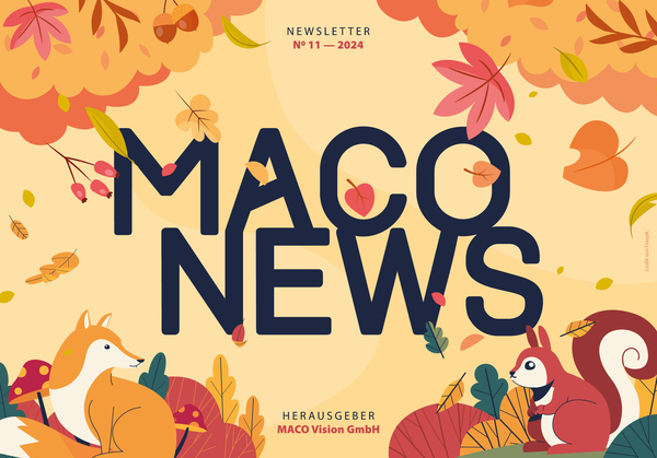 Herbstliche Illustration mit den Worten MACO NEWS, einem Fuchs und einem Eichhörnchen