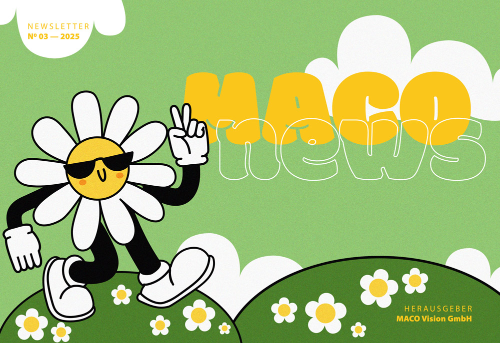 Newsletter Nr. 03/2025 von MACO Vision GmbH: Illustration einer Gänseblümchenfigur mit Sonnenbrille, die