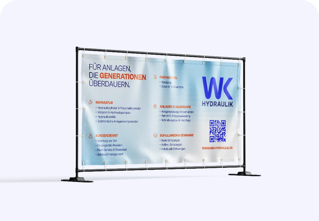 Werbebanner von WK Hydraulik: Reparatur, Kundendienst, Anlagen & Aggregate, Schulungen & Seminare. QR-Code und