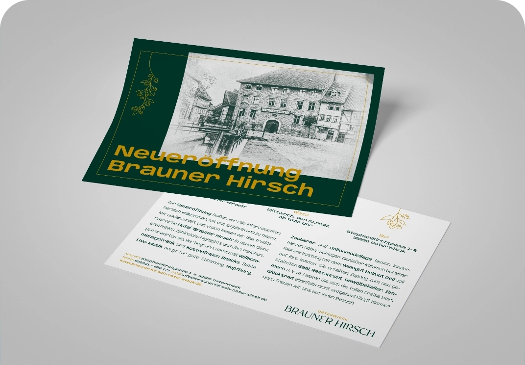 Einladung zur Neueröffnung des Hotels Brauner Hirsch in Osterwieck am 31.08.2022 um 15 Uhr. Bild zeigt