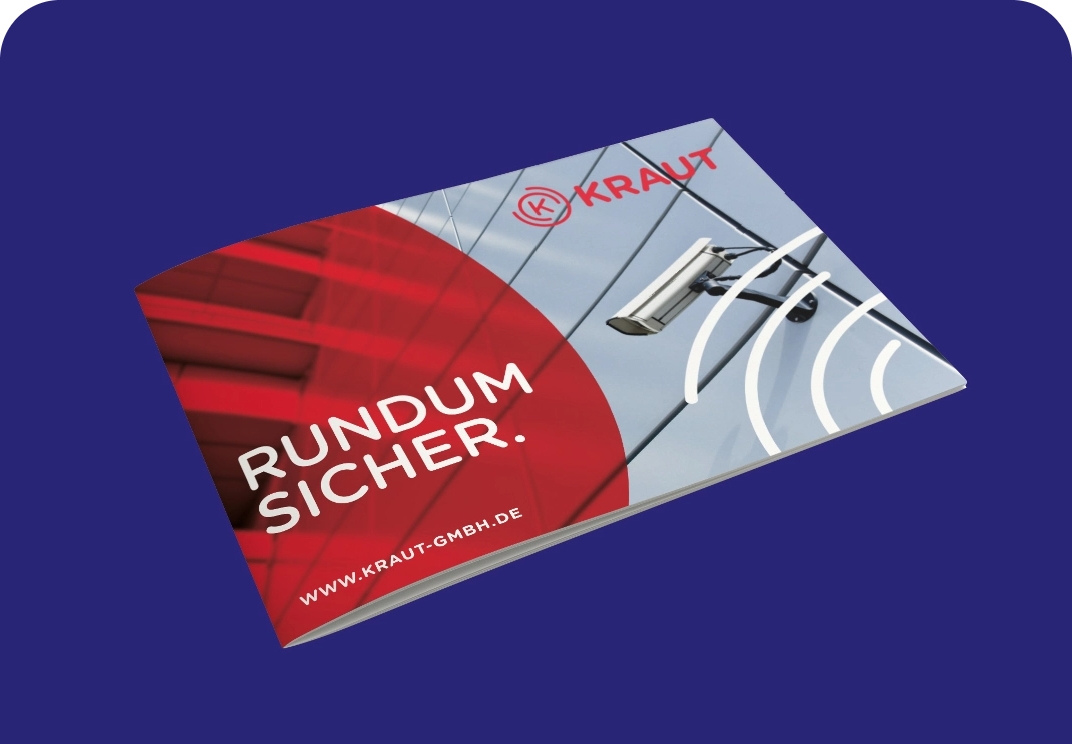 Broschüre von Kraut GmbH zum Thema Sicherheit: Rundum sicher, mit Bild einer Überwachungskamera