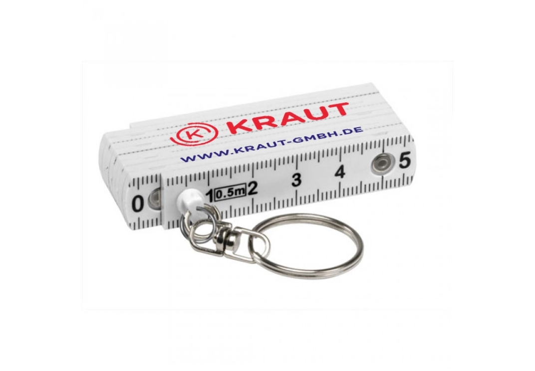 Weißes 5cm-Klappmaßstab mit Kraut-Logo und Schlüsselring