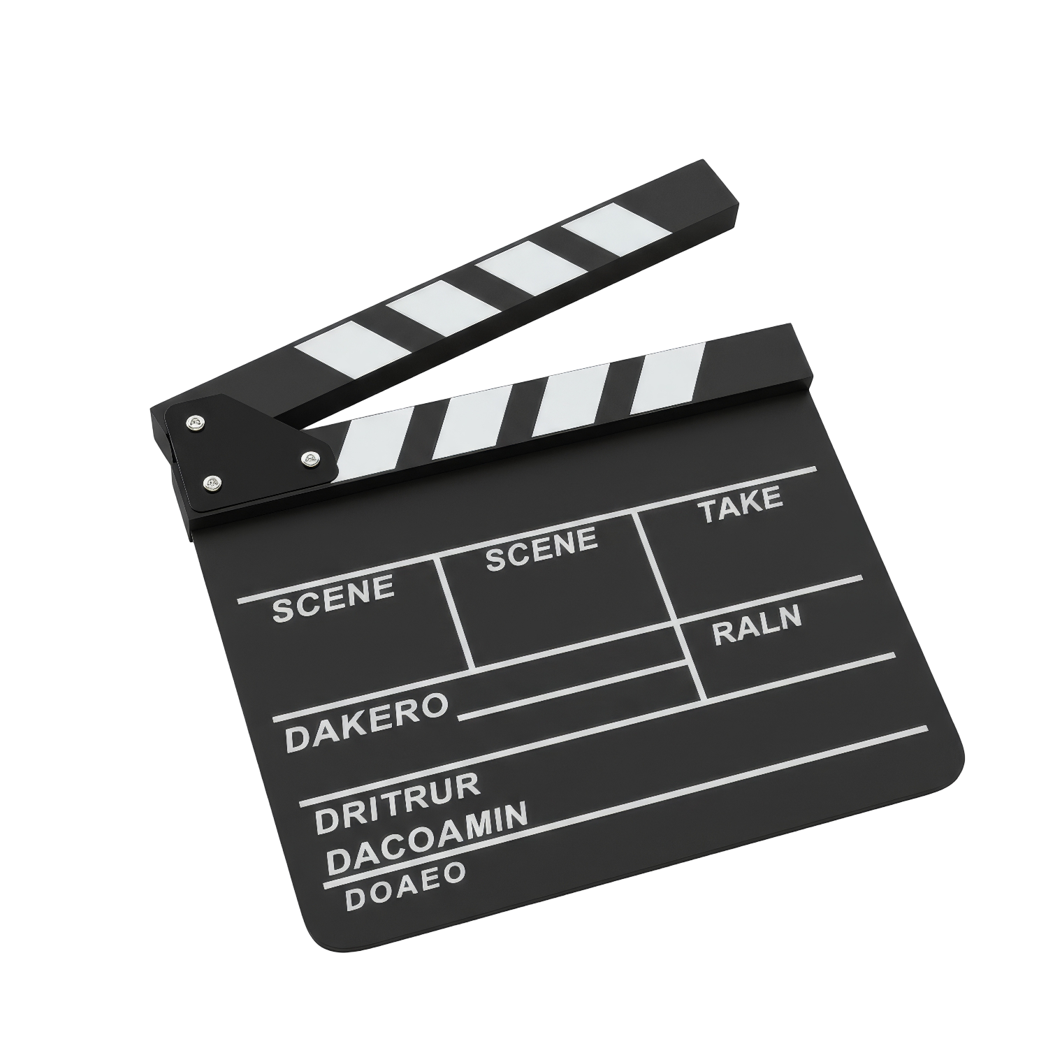 Schwarze Filmklappe mit weißen Markierungen, Beschriftungen: Szene, Take, Dakero, Dritru, Dacoamin, Doaeo