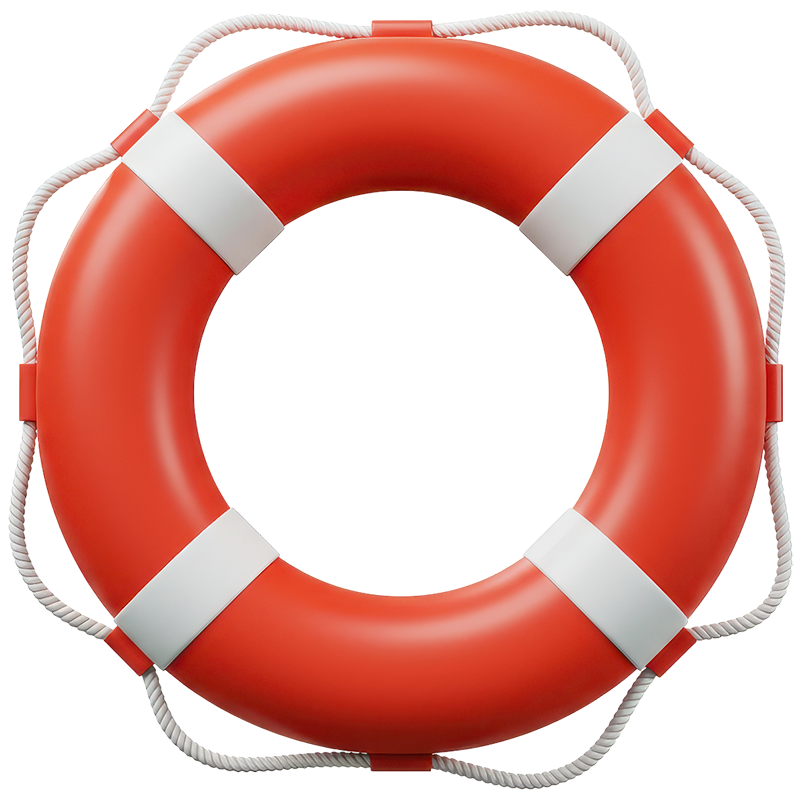 Orangefarbener Rettungsring mit weißen Streifen und Seilen