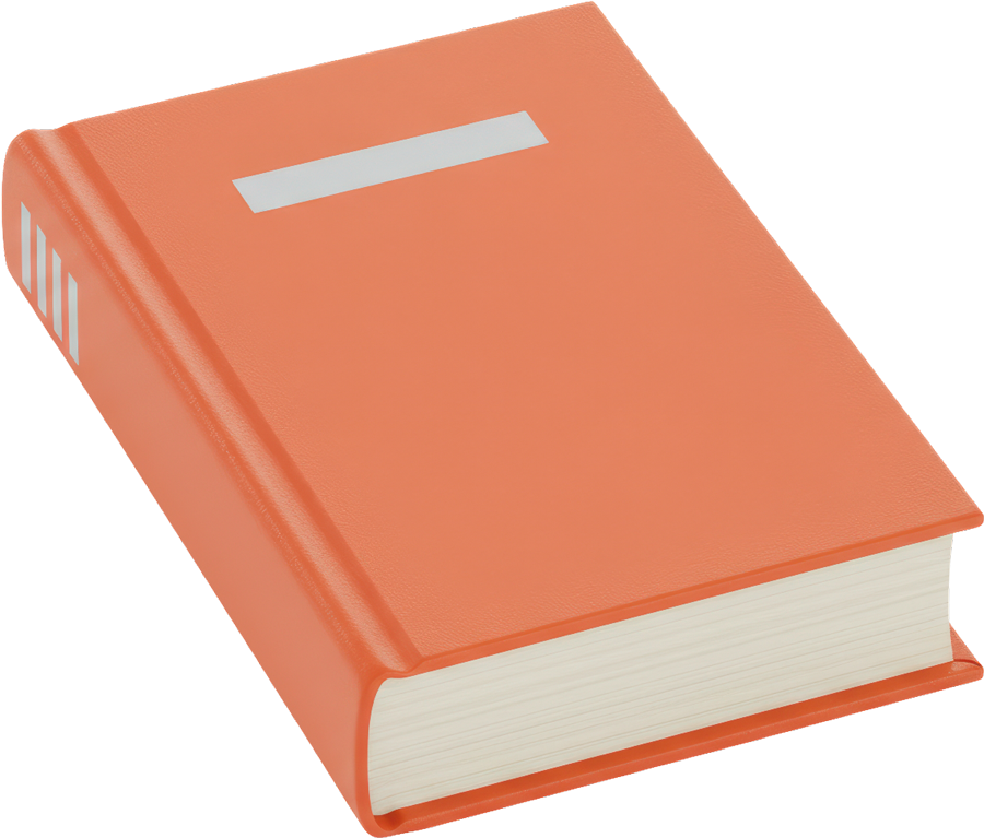 Orangefarbenes Buch mit weißem Rückenschild liegt auf der Seite