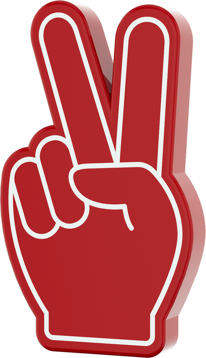 Rote Hand mit zwei erhobenen Fingern, die die Zahl Zwei oder ein Victory-Zeichen darstellt