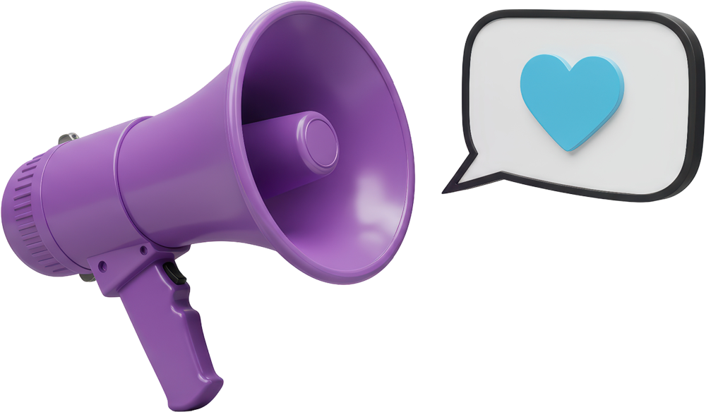 Lilafarbene Megafon mit Sprechblase und blauem Herz; Symbol für positive Nachrichten oder Ankündigungen