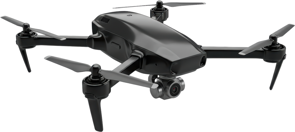 Schwarze Drohne mit vier Rotoren und Kamera von oben