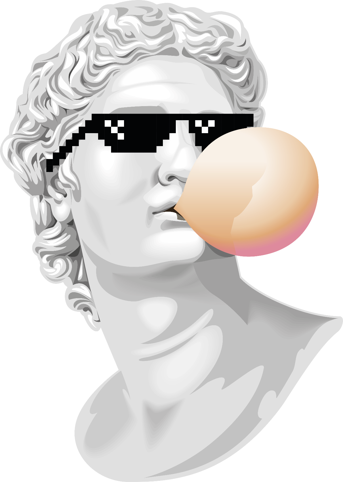 Büste eines antiken Mannes mit Pixel-Sonnenbrille bläst eine Kaugummiblase