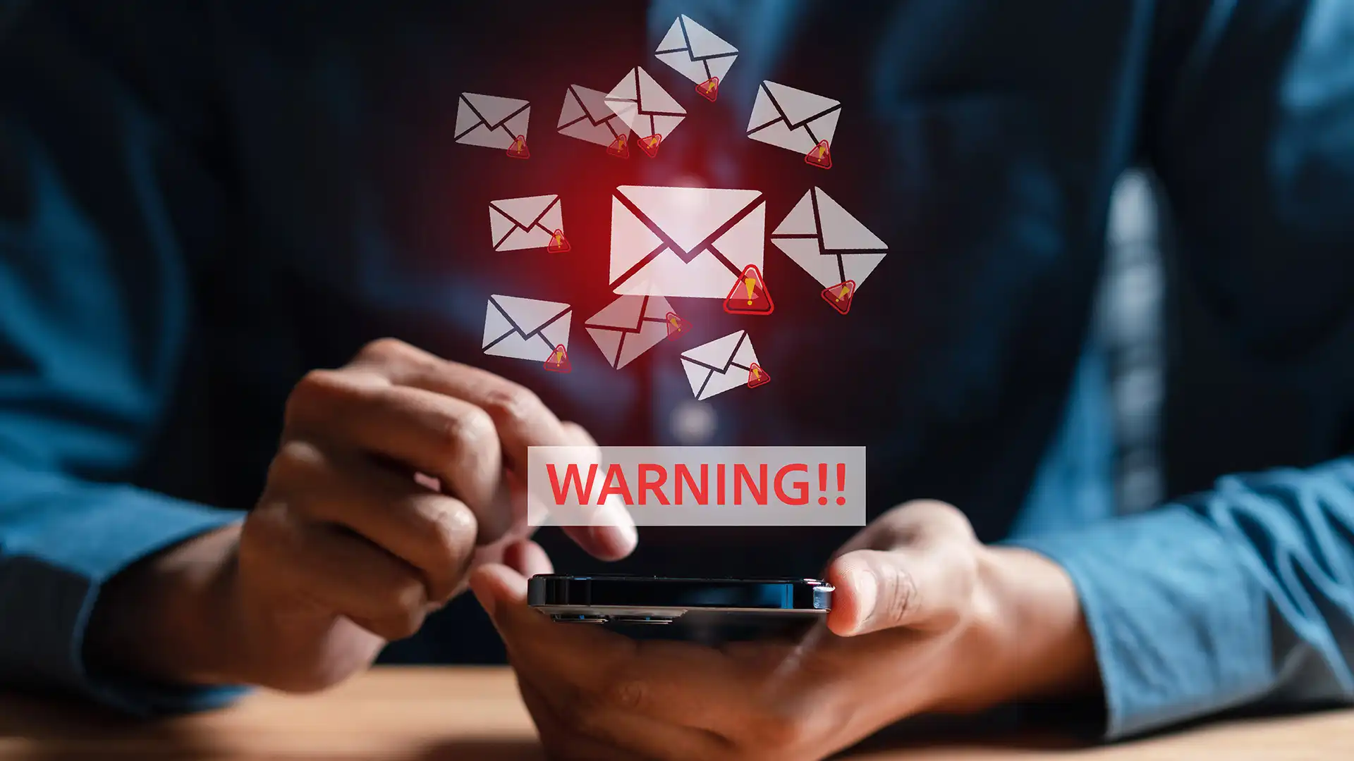 "alt": "Eine Person hält ein Smartphone, über dem viele E-Mail-Symbole mit Warnsymbolen schweben, und die Aufschrift